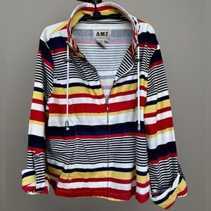 AMX Womens Full Zip Long Roll Tab Sleeves Jacket Multicolored Stripe Pockets XL